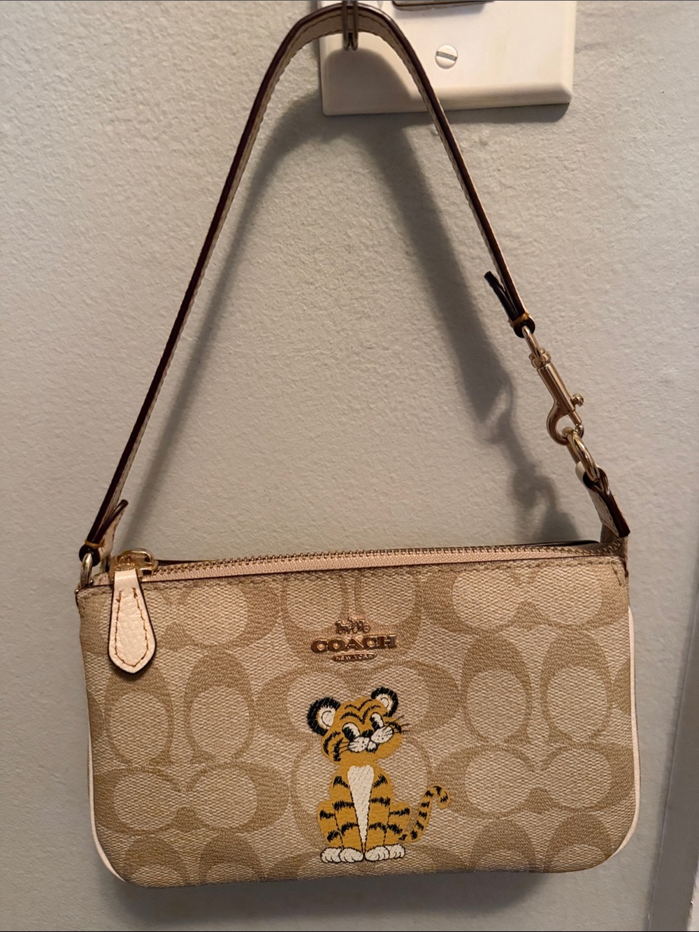 Coach Beige Signature Canvas Wristlet with Tiger Patch